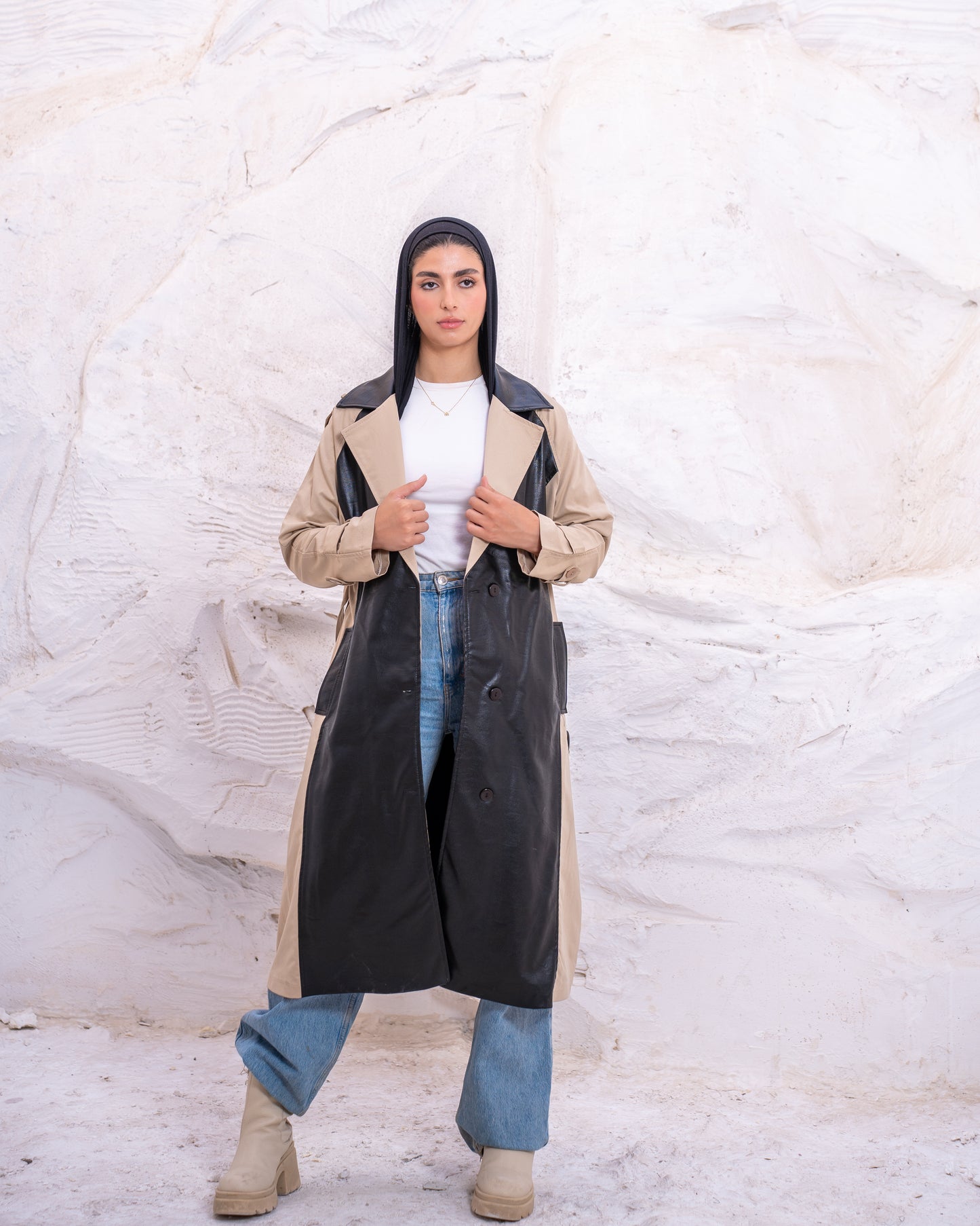 Leather X Gabardine Trench coat