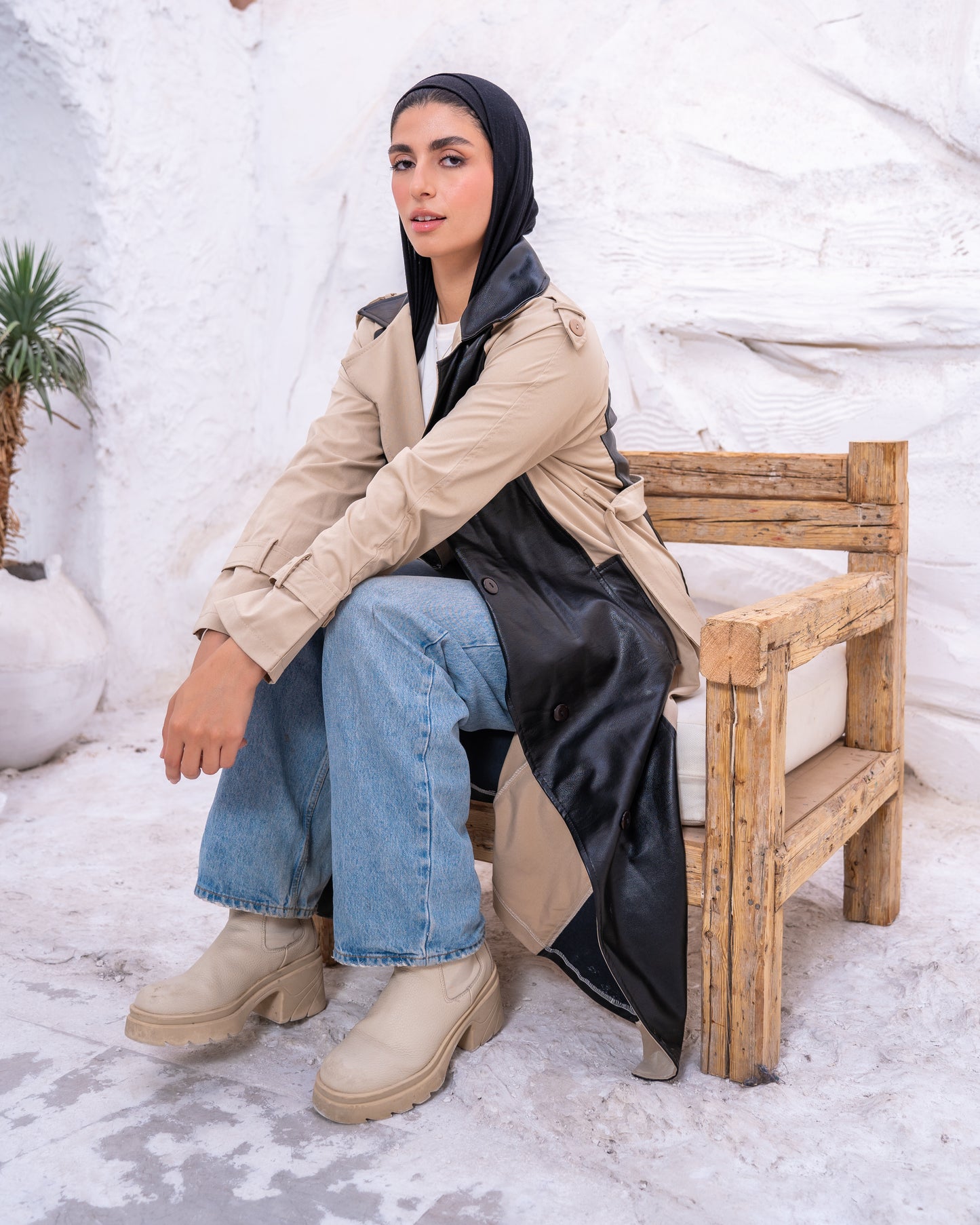 Leather X Gabardine Trench coat