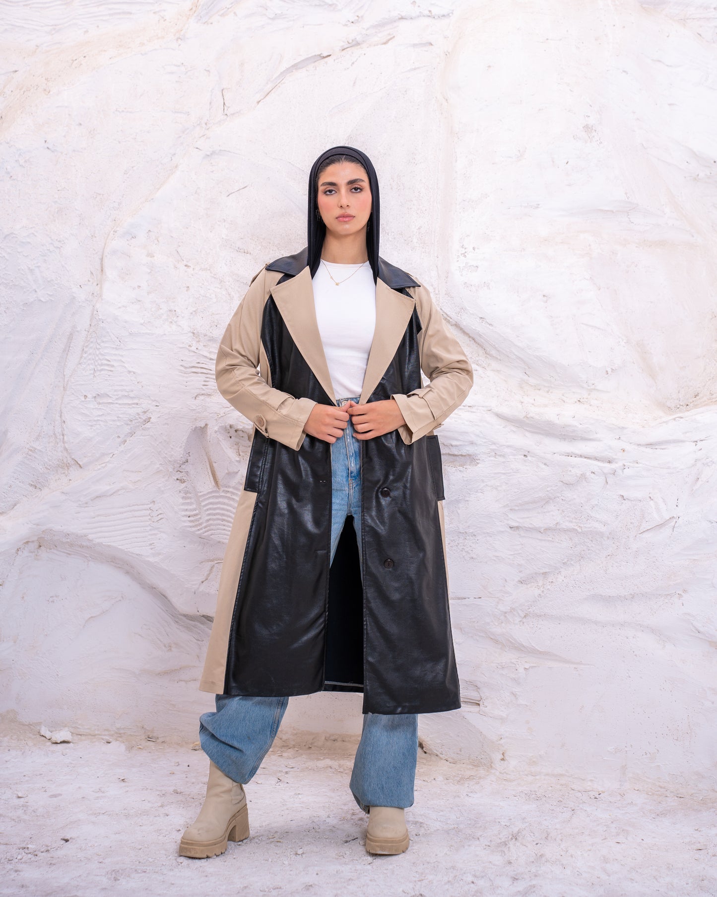 Leather X Gabardine Trench coat