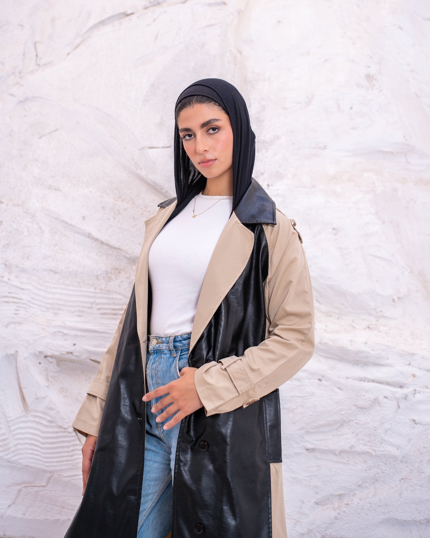 Leather X Gabardine Trench coat