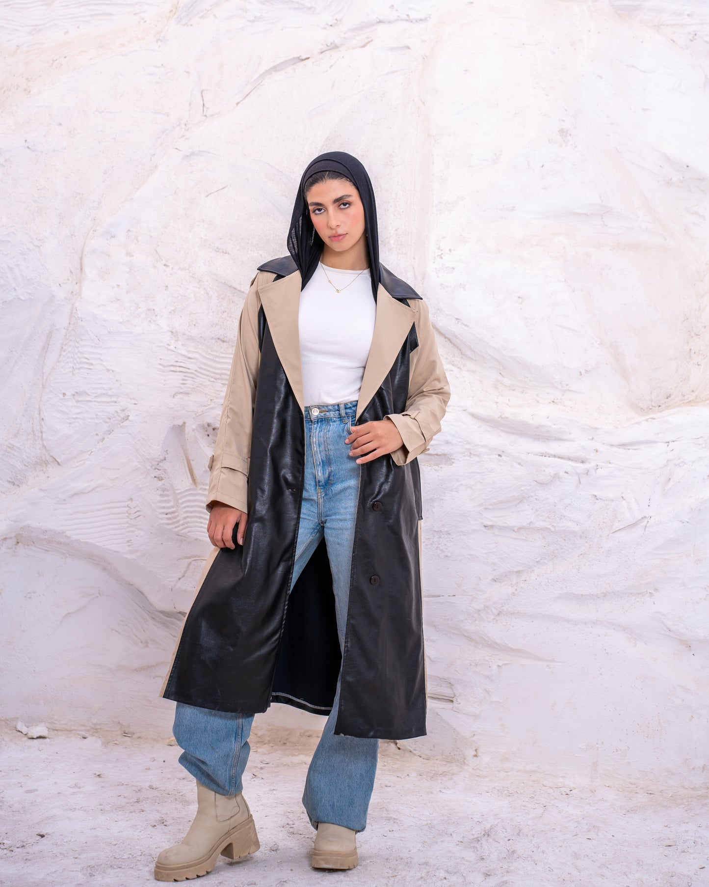 Leather X Gabardine Trench coat