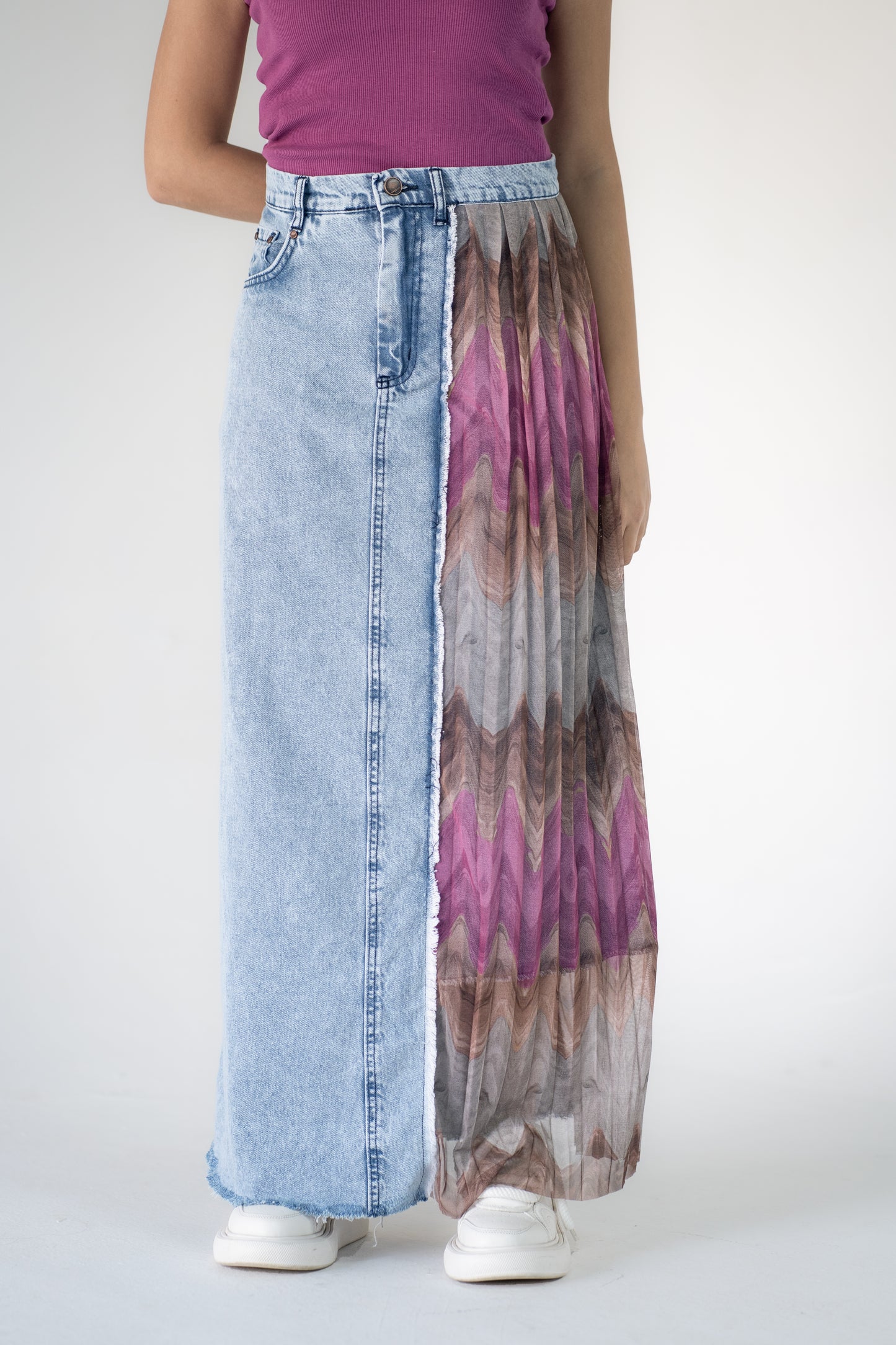 denim skirt with pleated tulle