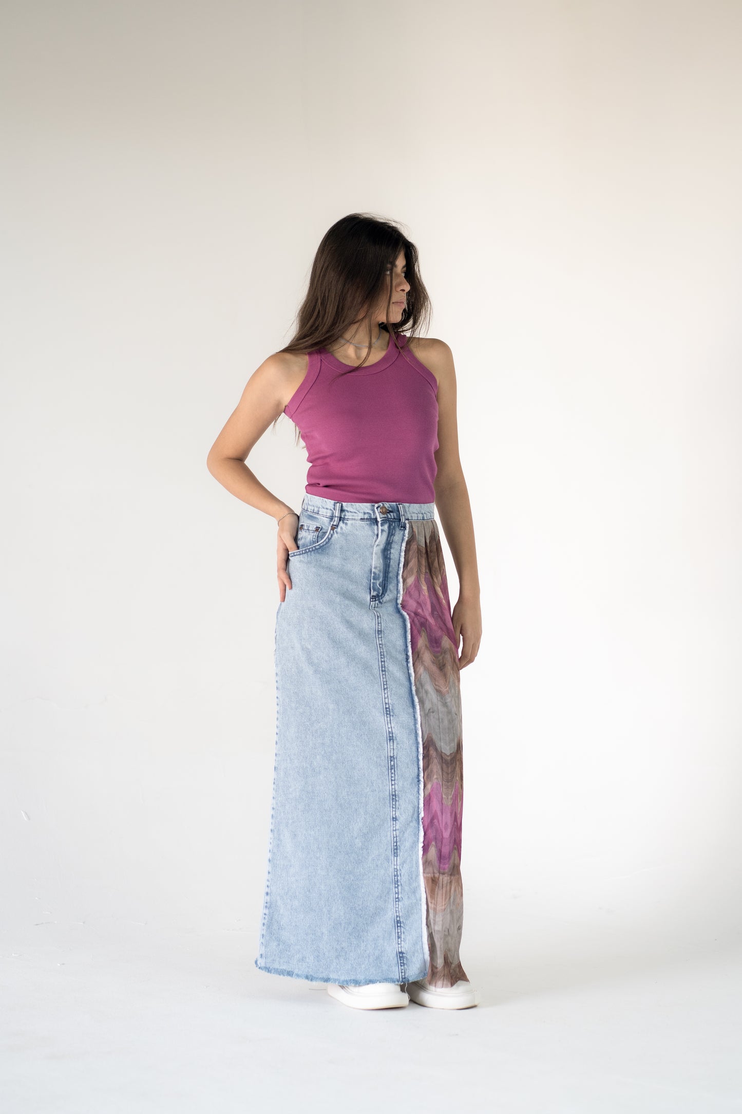 denim skirt with pleated tulle