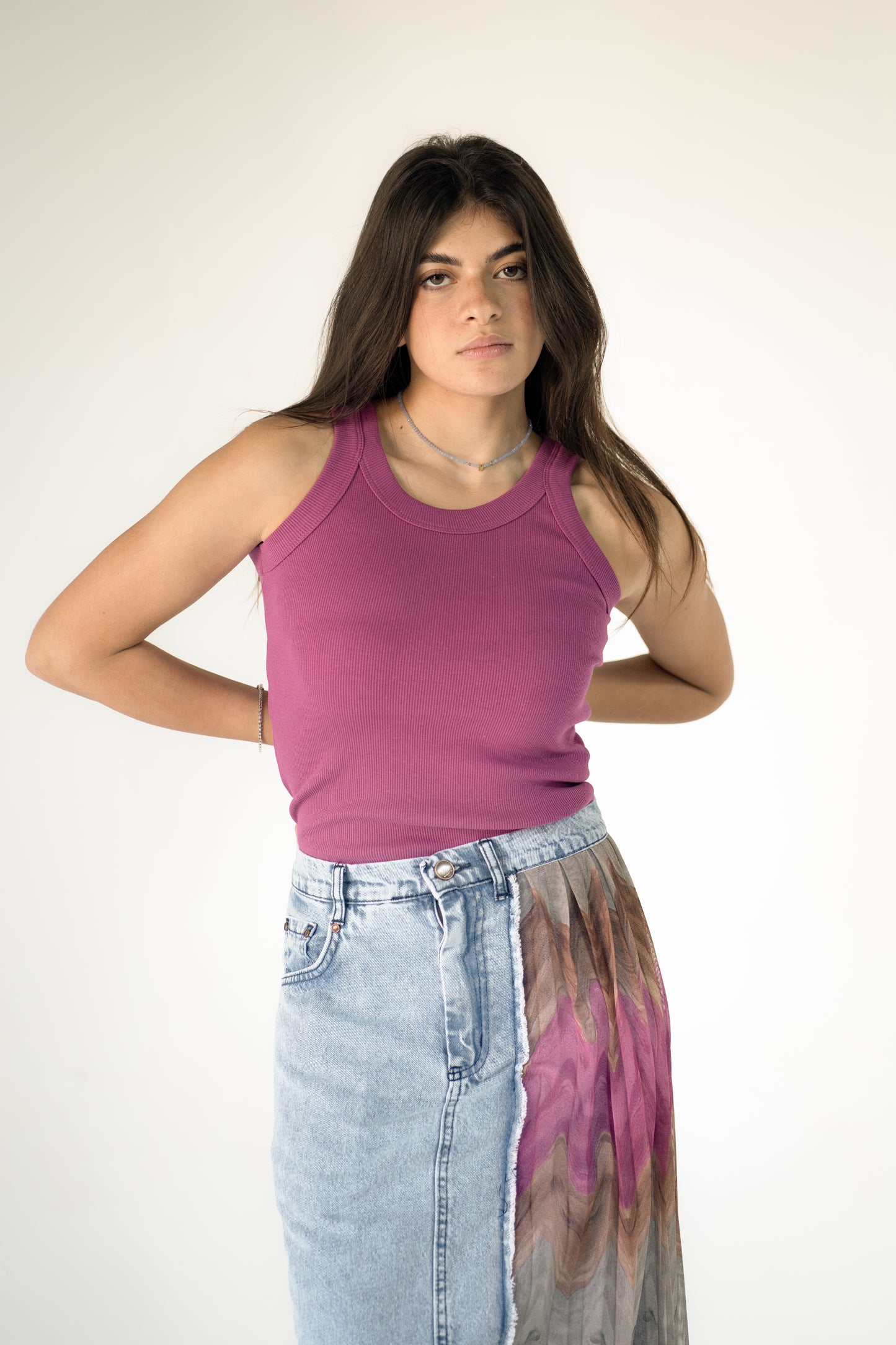 denim skirt with pleated tulle