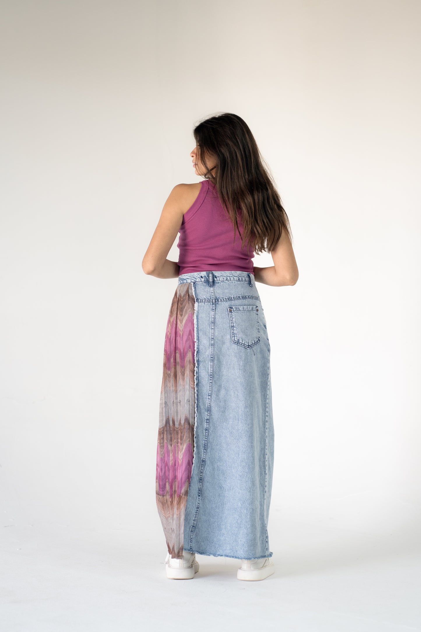 denim skirt with pleated tulle