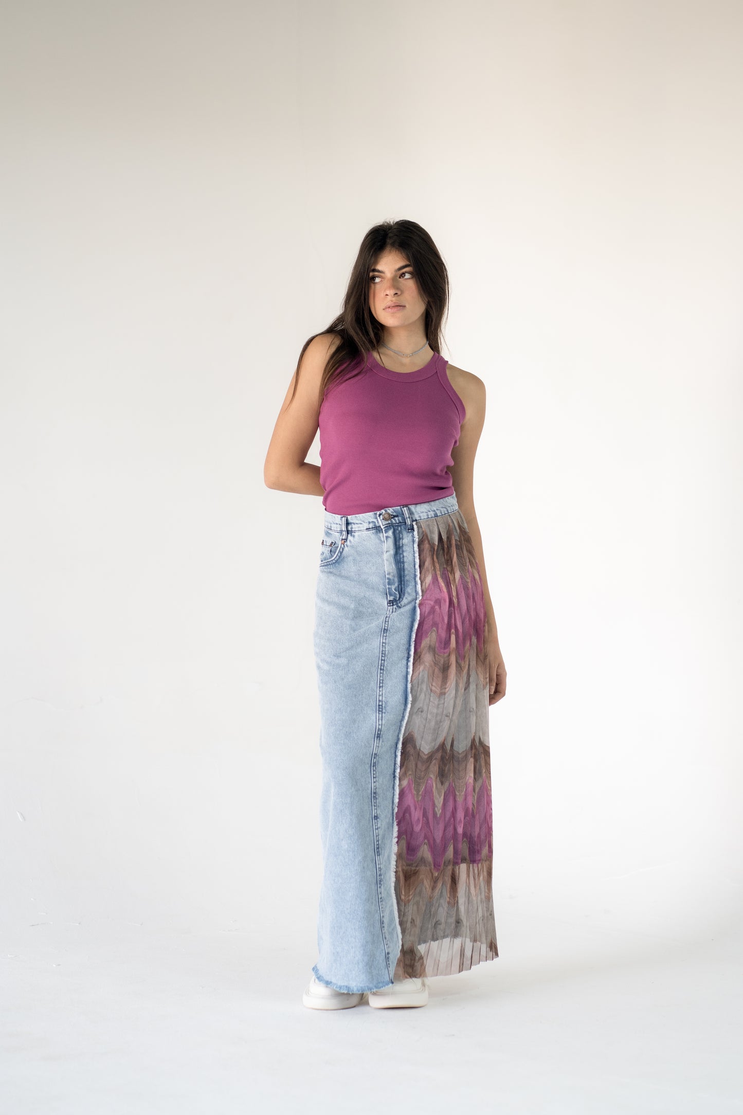 denim skirt with pleated tulle