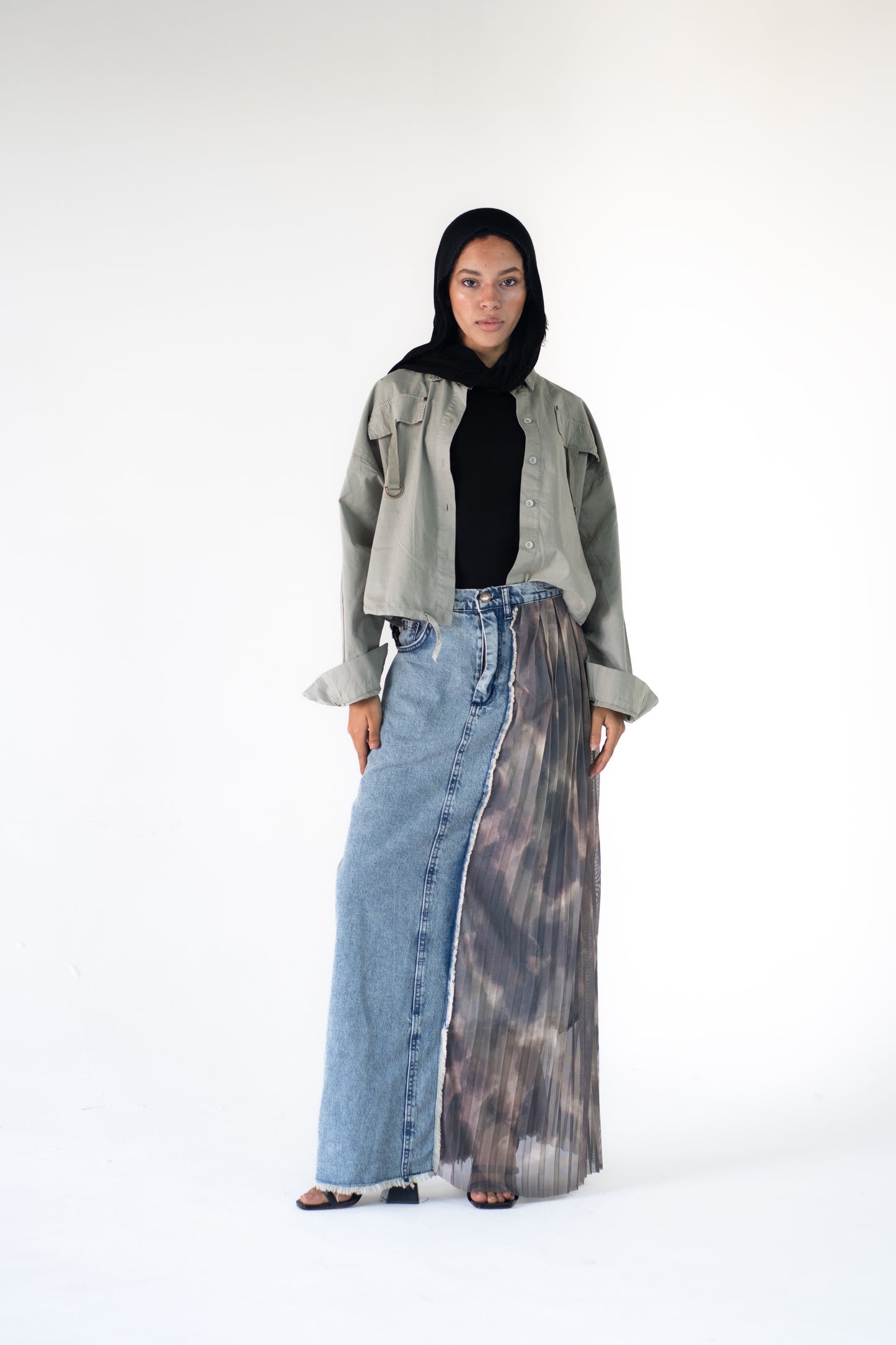 denim skirt with pleated tulle