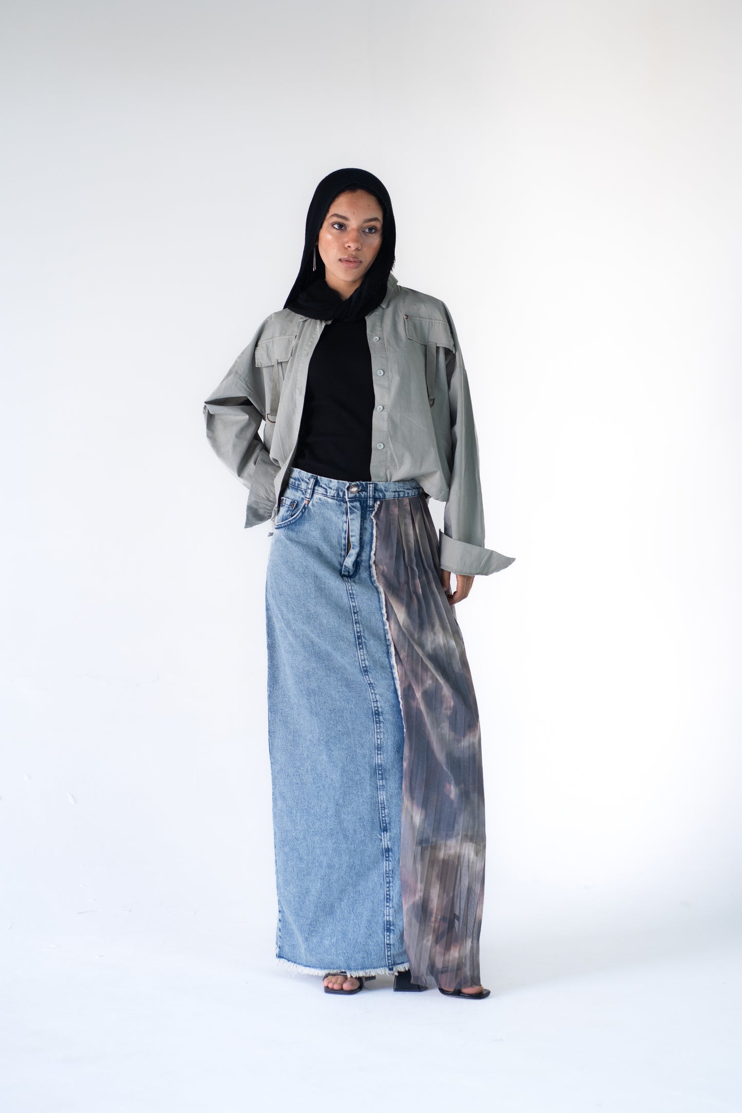 denim skirt with pleated tulle