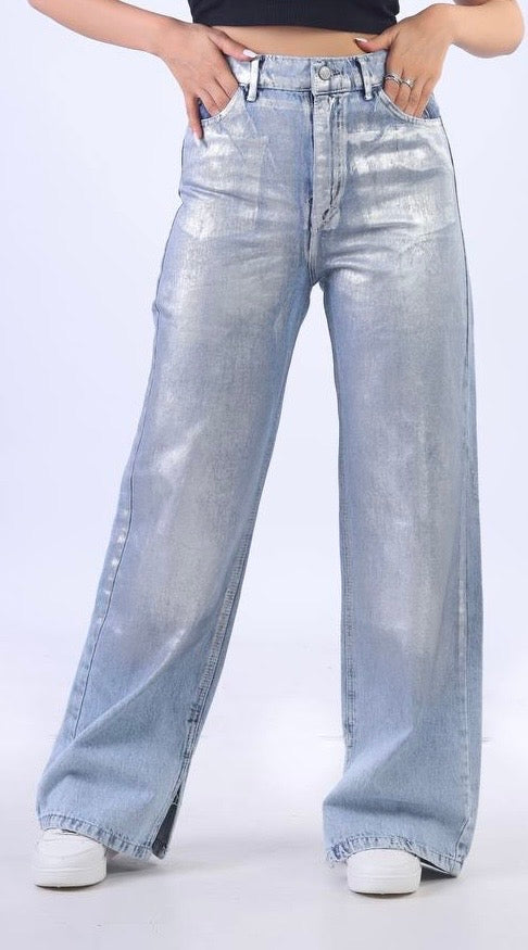 Silver metallic denim pants