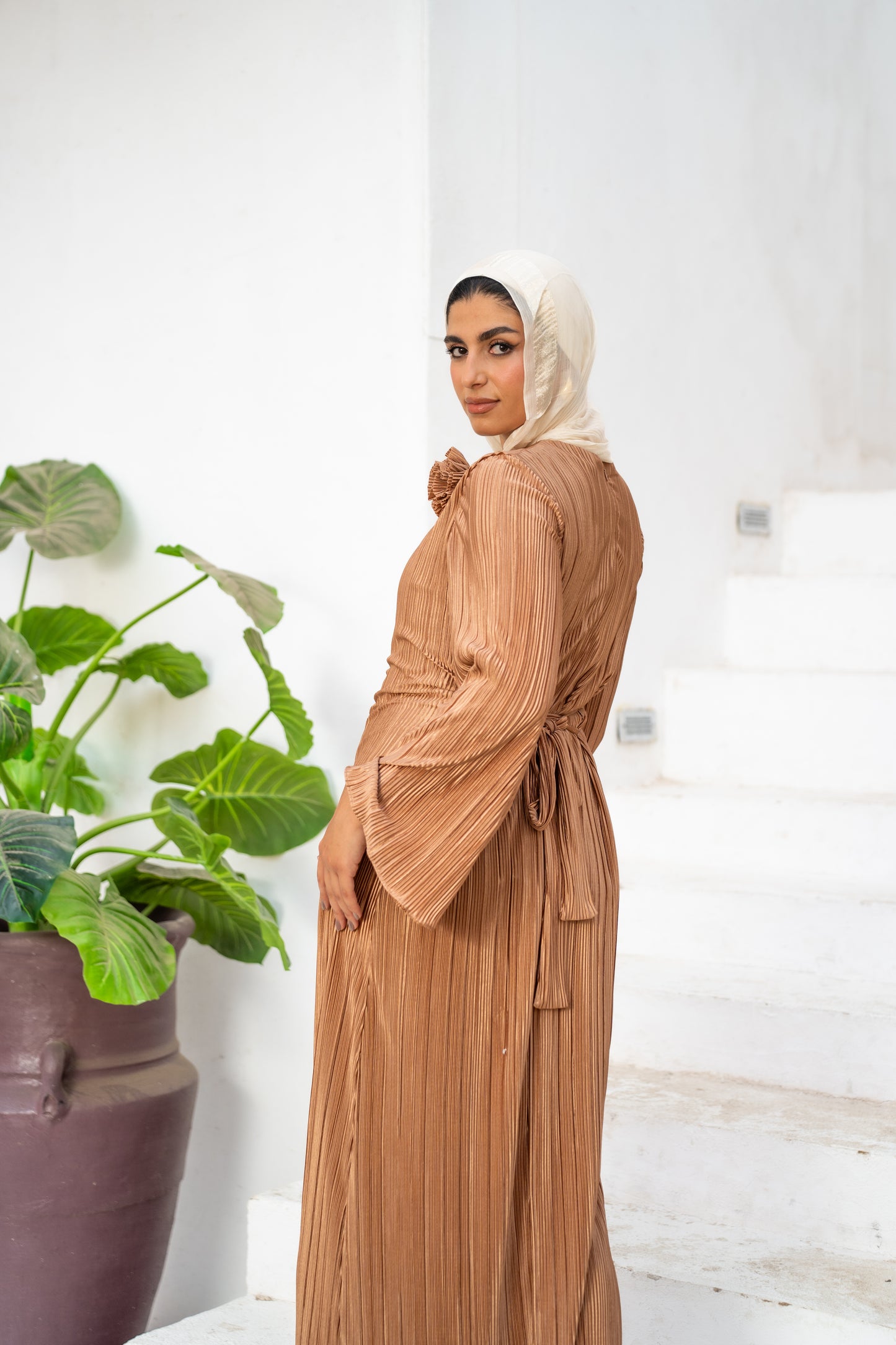 pleated satin dress with flower