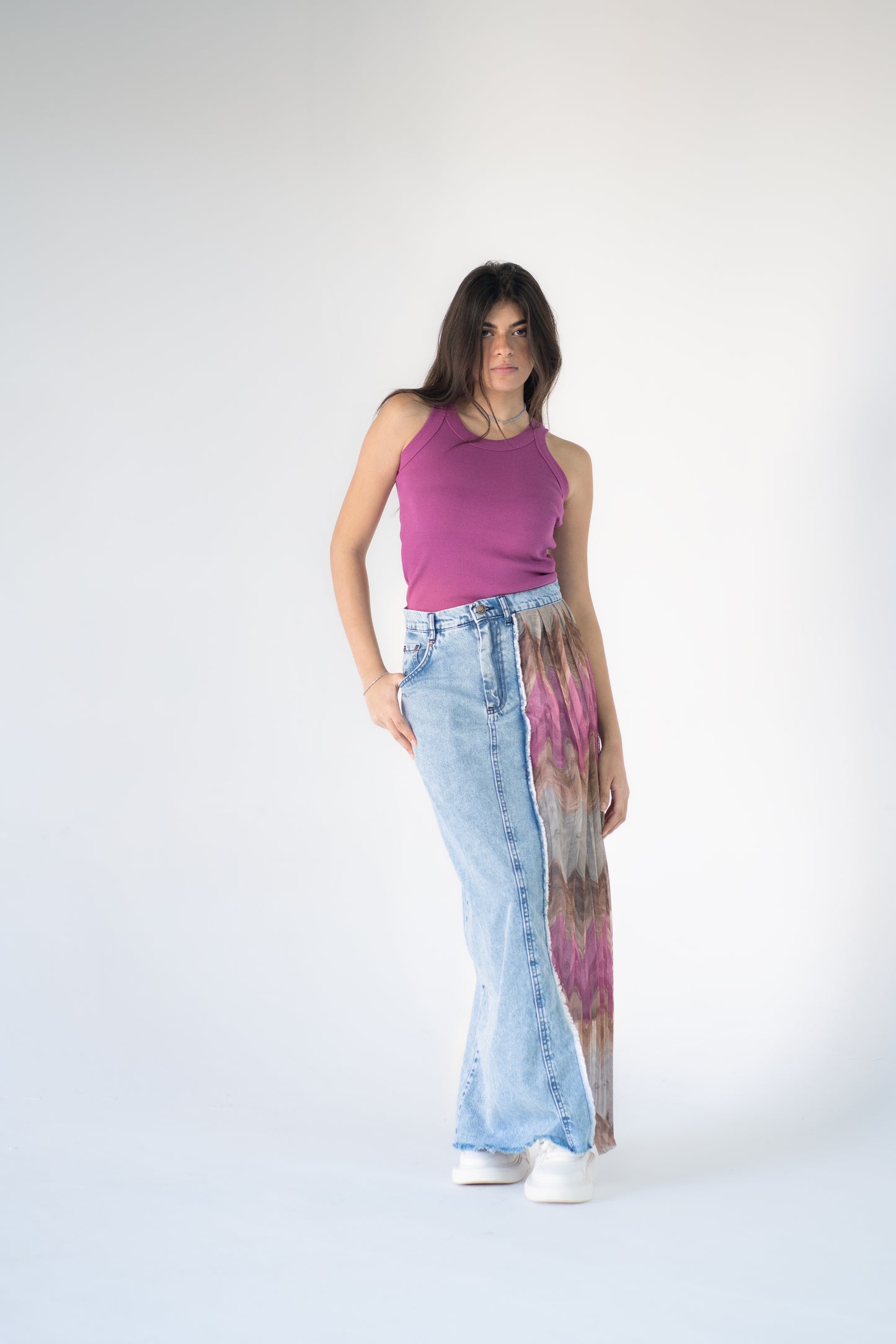 denim skirt with pleated tulle