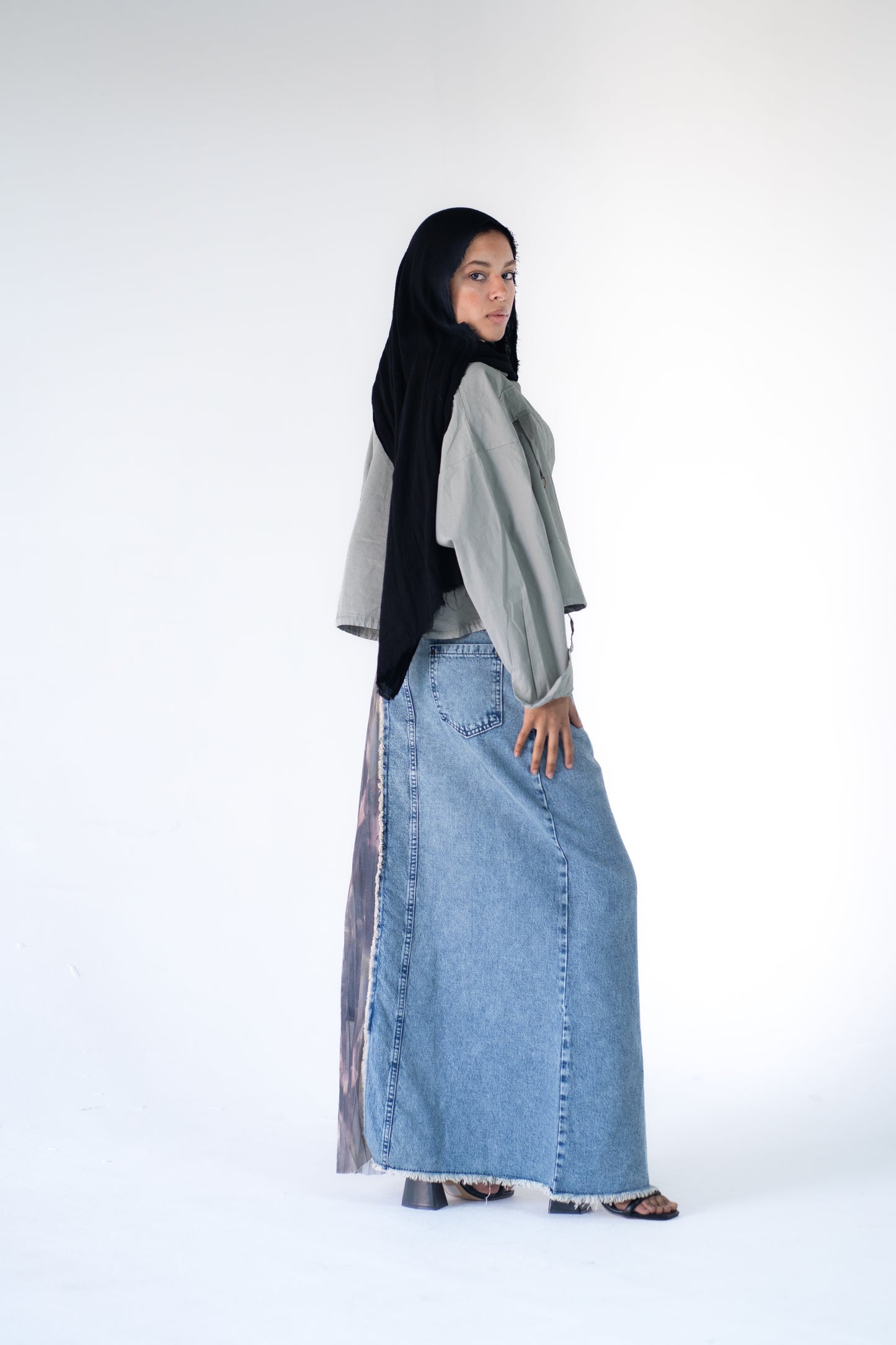 denim skirt with pleated tulle