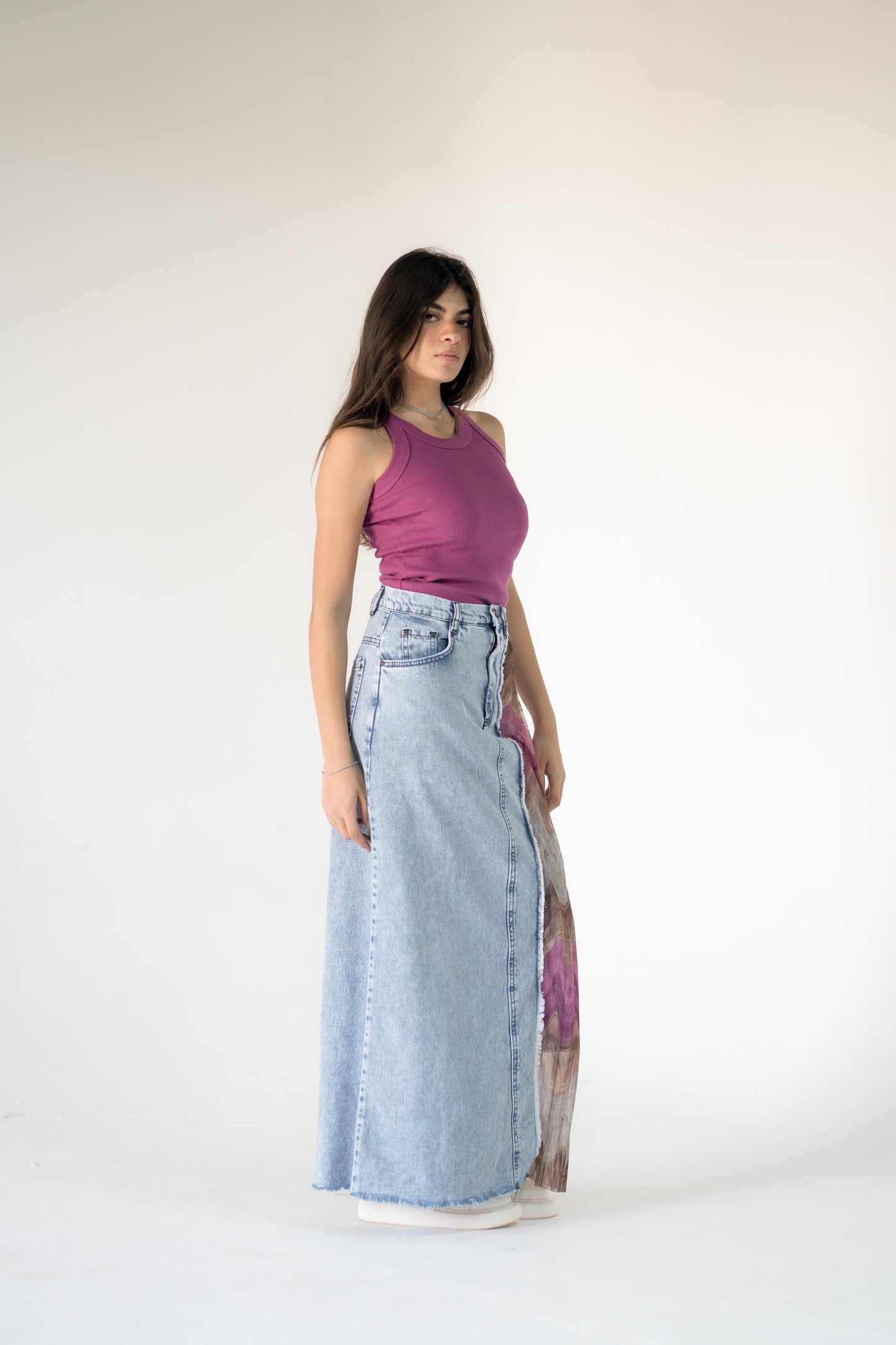 denim skirt with pleated tulle