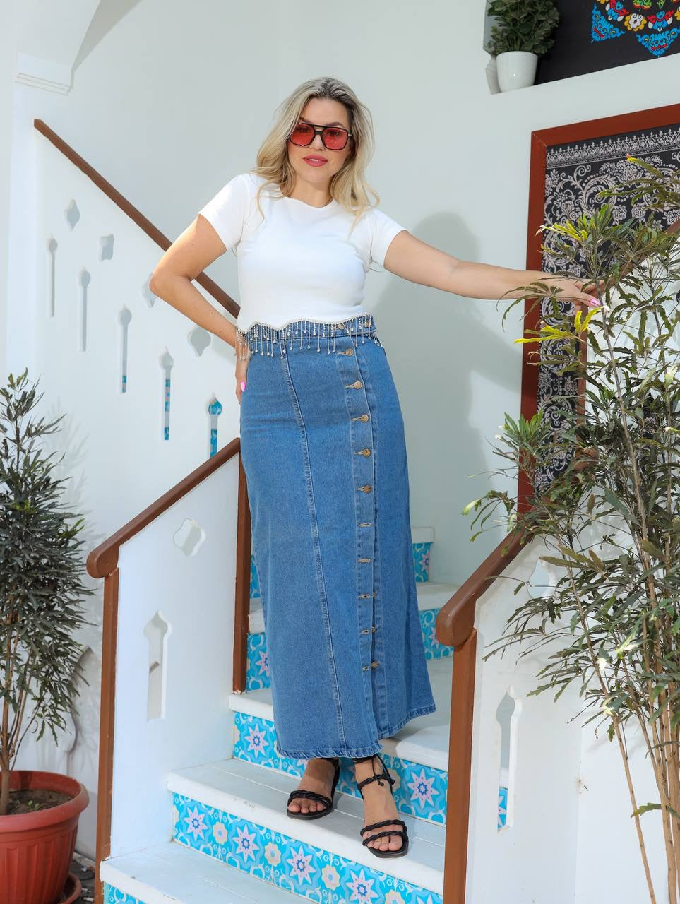 Front buttoned denim skirt